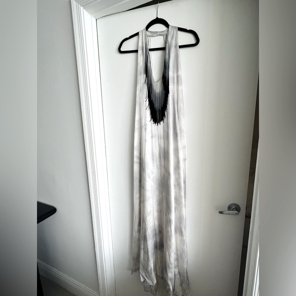Alexis tie dye/watercolor white and blue fringe maxi silk dress NWOT